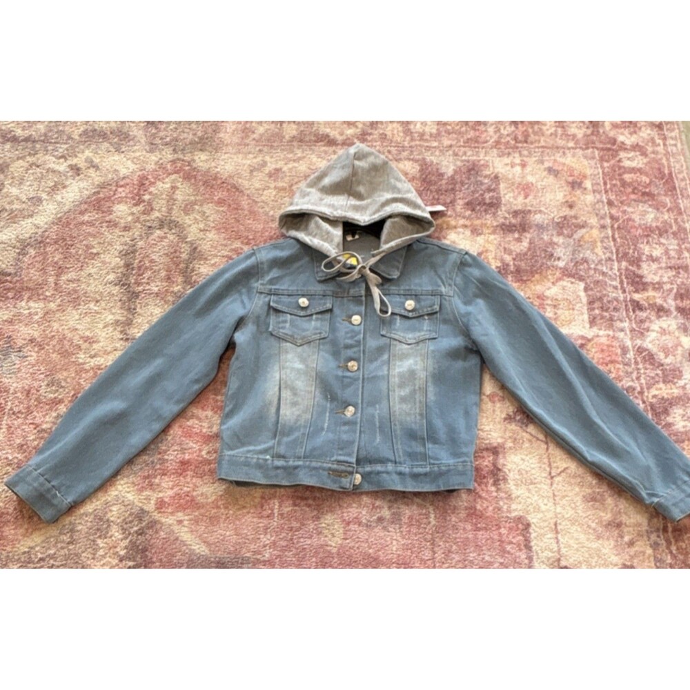 JZNZ Women's Blue Gray Denim Hooded Jacket Button Pockets Long Sleeve